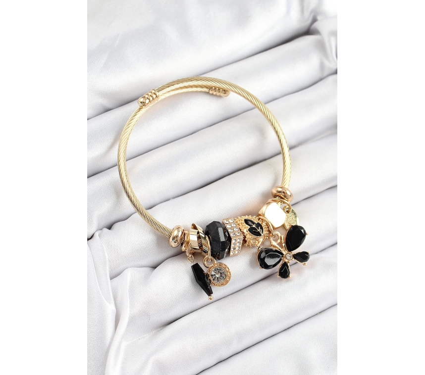 316L Çelik Siyah Zirkon Taşlı Kelebek Model Gold Renk Charm Bileklik