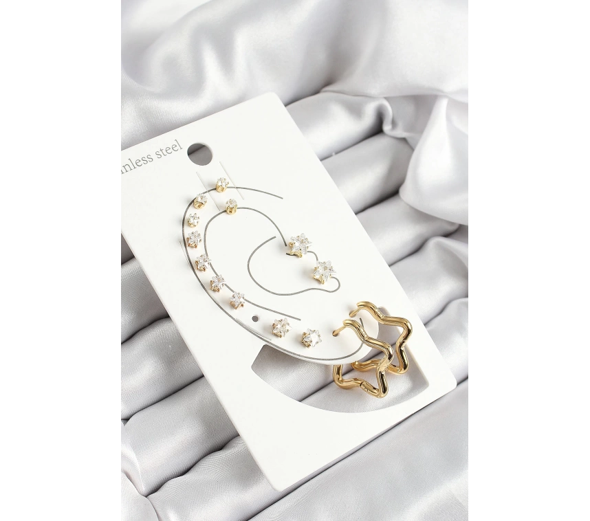 316L Çelik Yıldız Figürlü Ve Zirkon Taşlı Gold Renk 7li Çift Kadın Küpe Set