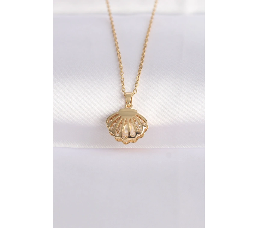 316L Çelik Zincir Altın Renk Zirkon Taşlı İnci Detay İstiridye Kolye