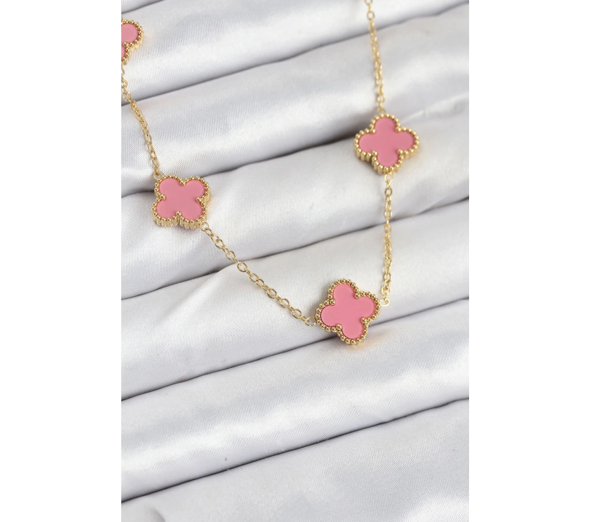 316L Çelik Zincir Gold Pembe Renk Yonca Kadın Kolye