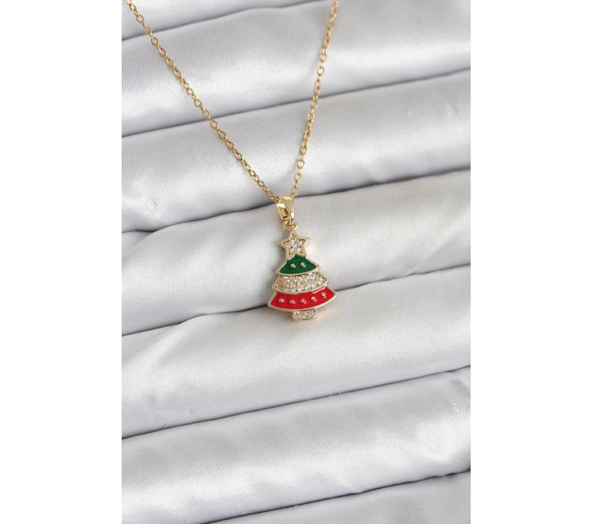 316L Çelik Zincir Gold Ren Çam Ağacı Model Zirkon Taşlı Yılbaşı Temalı Kadın Kolye