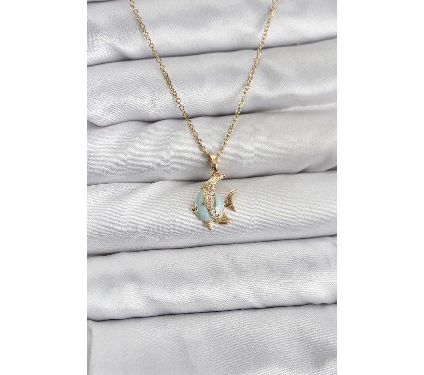 316L Çelik Zincir Gold Renk Balık Model Zirkon Taşlı Kadın Kolye