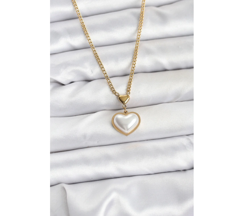 316L Çelik Zincir Gold Renk Bombeli Kalp Model Kadın Kolye