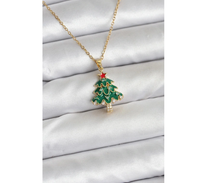 316L Çelik Zincir Gold Renk Çam Ağacı Model Yılbaşı Temalı Kadın Kolye