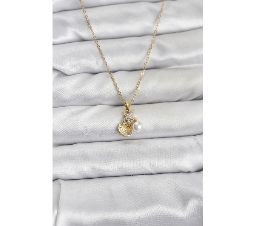 316L Çelik Zincir Gold Renk Deniz Kabuğu ve Deniz Yıldızı Model Zirkon Taşlı Kadın Kolye