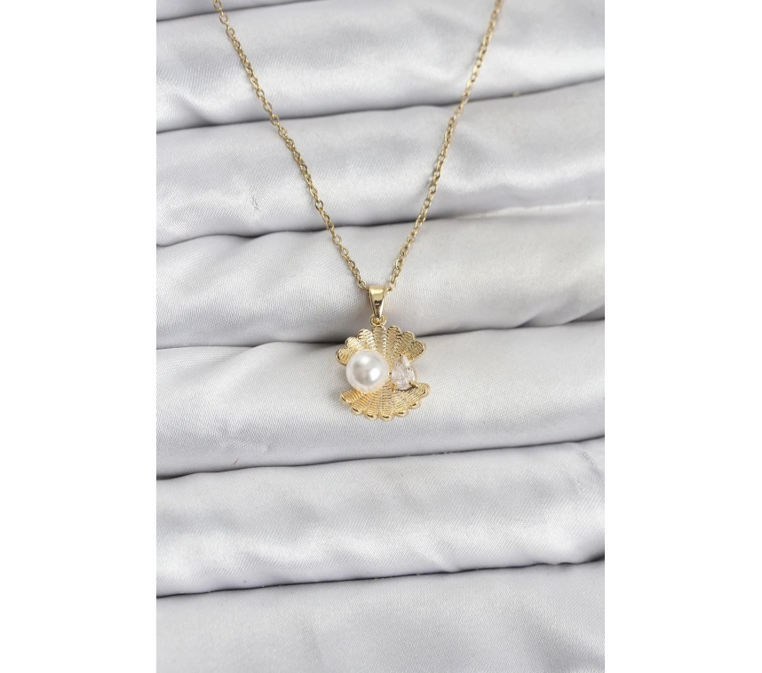 316L Çelik Zincir Gold Renk İstiridye İnci Model Zirkon Taşlı Kadın Kolye
