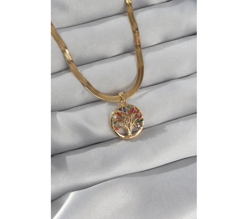 316L Çelik Zincir Gold Renk İtalyan Zincir Renkli Zirkon Taşlı Yaşam Ağacı Kolye