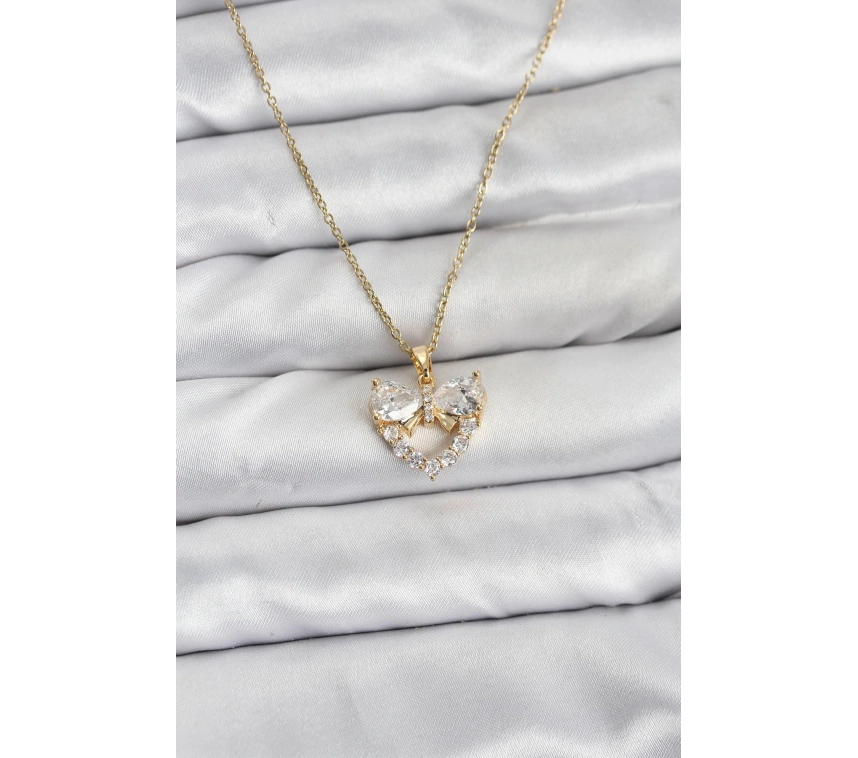 316L Çelik Zincir Gold Renk Kalp ve Fiyonk Model Zirkon Taşlı Kadın Kolye