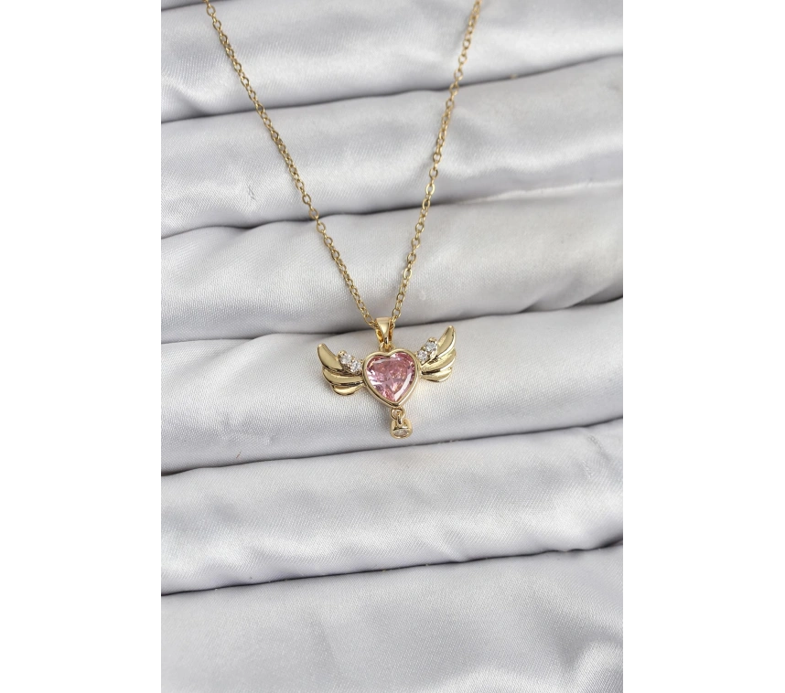 316L Çelik Zincir Gold Renk Kanatlı Kalp Model Zirkon Taşlı Kadın Kolye