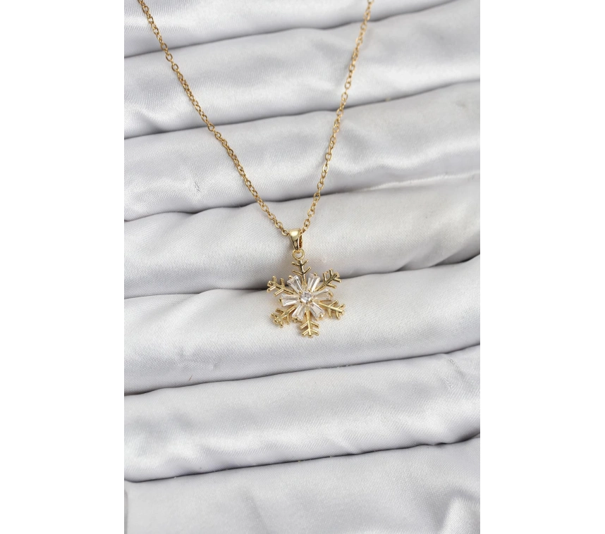 316L Çelik Zincir Gold Renk Kar Tanesi Model Zirkon Taşlı Kadın Kolye