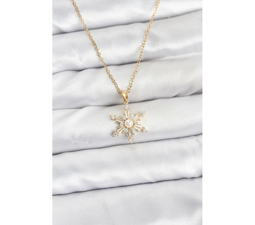 316L Çelik Zincir Gold Renk Kar Tanesi Model Zirkon Taşlı Kadın Kolye