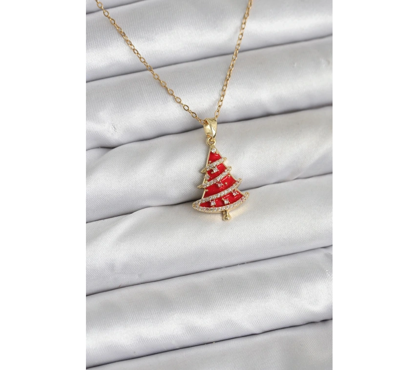 316L Çelik Zincir Gold Renk Kırmızı Çam Ağacı Model Yılbaşı Temalı Kadın Kolye