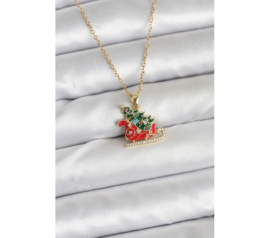 316L Çelik Zincir Gold Renk Kızak ve Çam Ağacı Figürlü Yılbaşı Temalı Kadın Kolye