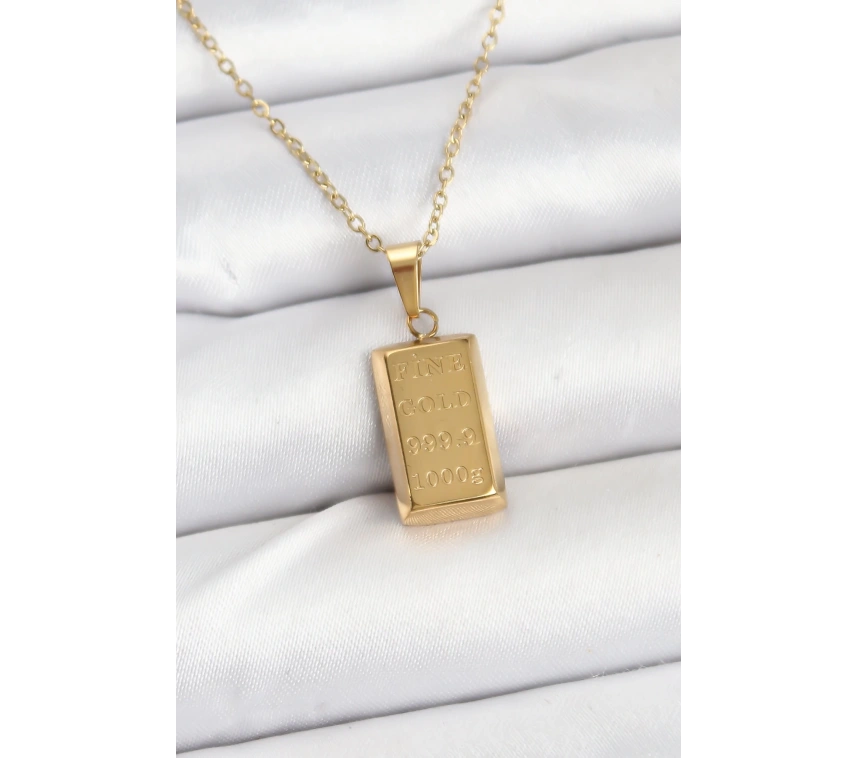 316L Çelik Zincir Gold Renk Külçe Altın Model Kadın Kolye