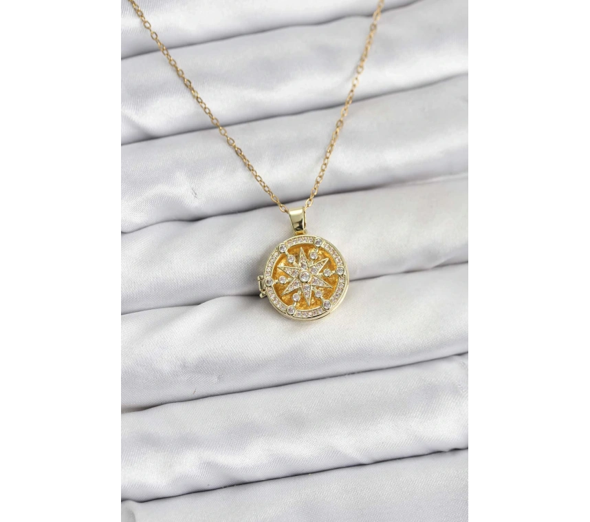 316L Çelik Zincir Gold Renk Kutup Yıldızı Kapaklı Model Kadın Kolye