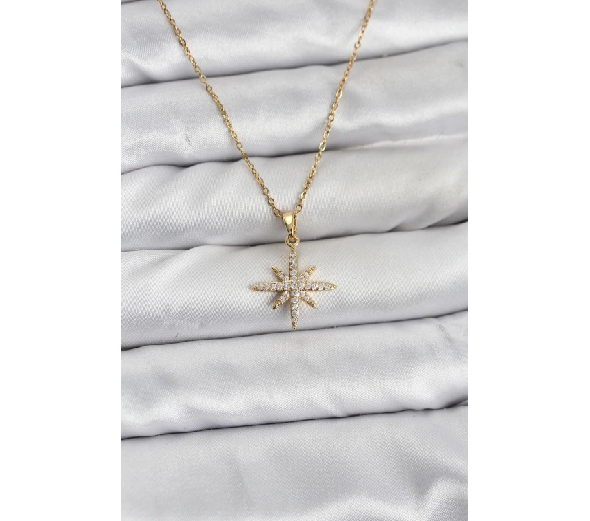 316L Çelik Zincir Gold Renk Kutup Yıldızı Model Zirkon Taşlı Kadın Kolye