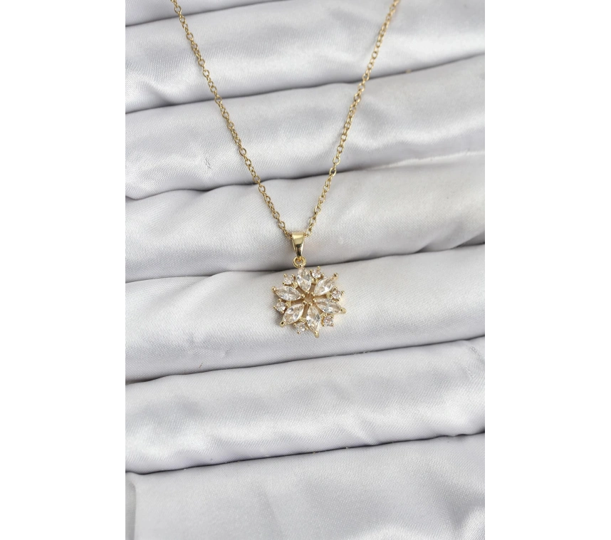 316L Çelik Zincir Gold Renk Lotus Model Zirkon Taşlı Kadın Kolye