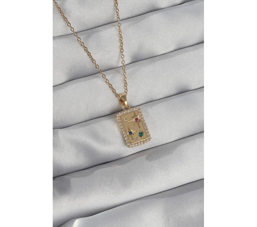 316L Çelik Zincir Gold Renk Renkli Zirkon Taşlı Vintage Kolye