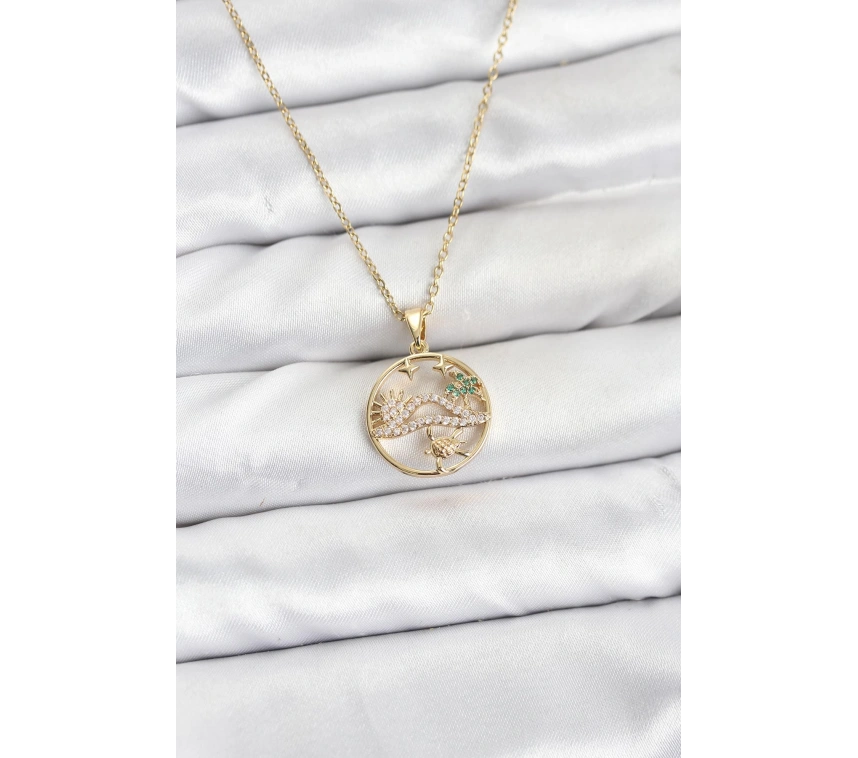 316L Çelik Zincir Gold Renk Şans Kolyesi Model Zirkon Taşlı Kadın Kolye