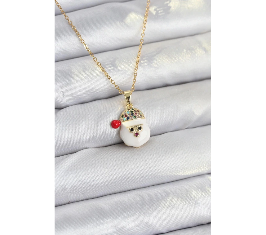 316L Çelik Zincir Gold Renk Şapkalı Kardan Adam Kafası Model Yılbaşı Temalı Kadın Kolye