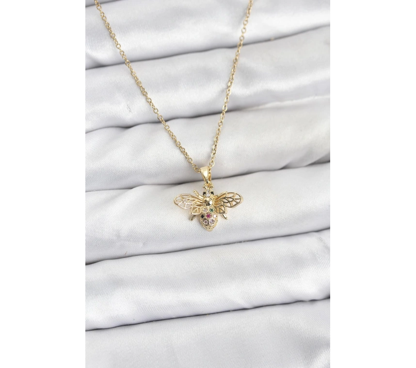 316L Çelik Zincir Gold Renk Sinek Model Zirkon Taşlı Kadın Kolye