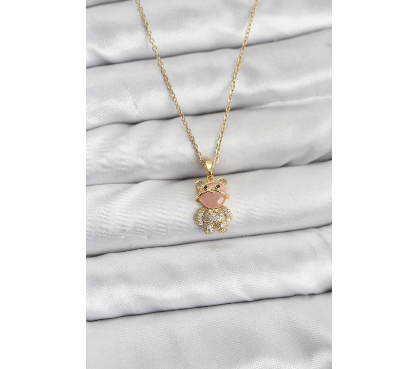 316L Çelik Zincir Gold Renk Teddy Bear Model Zirkon Taşlı Kadın Kolye