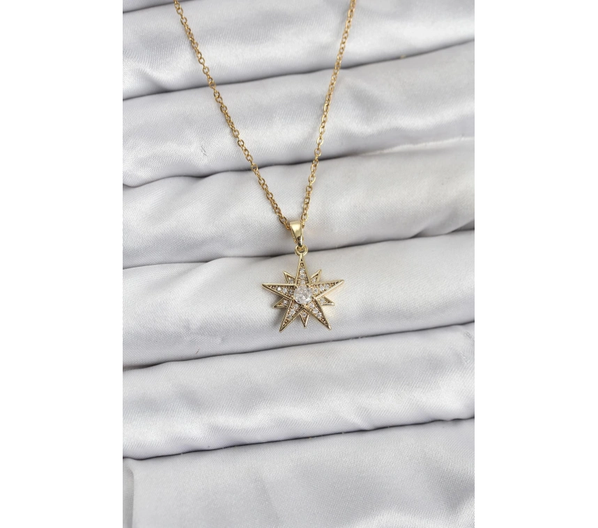 316L Çelik Zincir Gold Renk Yıldız Model Zirkon Taşlı Kadın Kolye