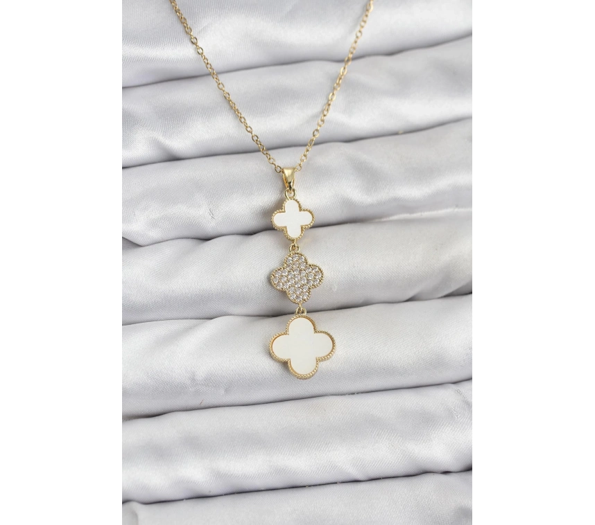 316L Çelik Zincir Gold Renk Yonca Detaylı Zirkon Taşlı Kadın Kolye