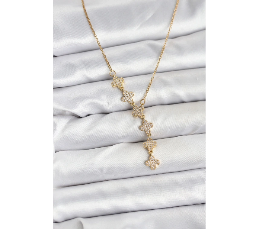 316L Çelik Zincir Gold Renk Yonca Model Kadın Kolye