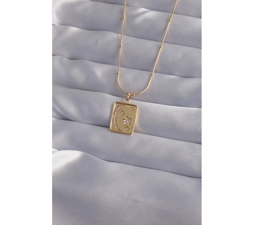 316L Çelik Zincir Gold Renk Zirkon Taşlı Ay Yıldız Figürlü Tarot Kolye