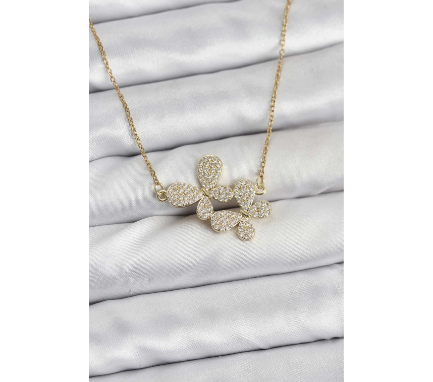316L Çelik Zincir Gold Renk Zirkon Taşlı Kelebek Model Kadın Kolye