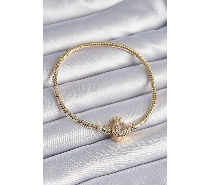 316L Çelik Zincir Gold Renk Zirkon Taşlı Taç Charm Model Kadın Bileklik