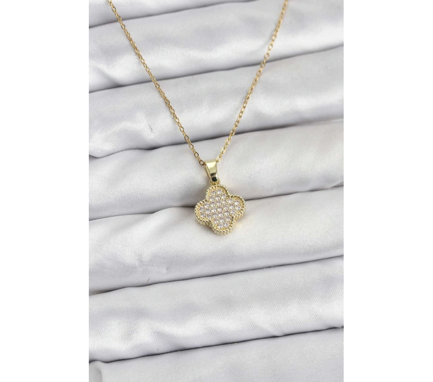 316L Çelik Zincir Gold Renk Zirkon Taşlı Yonca Model Kadın Kolye