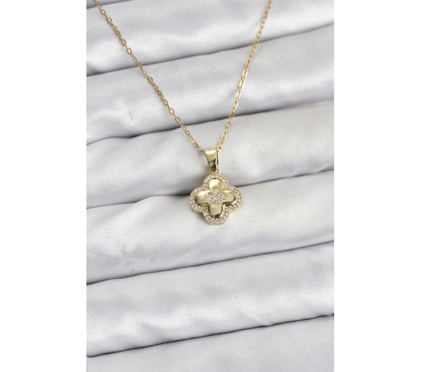 316L Çelik Zincir Gold Renk Zirkon Taşlı Yonca Model Kadın Kolye