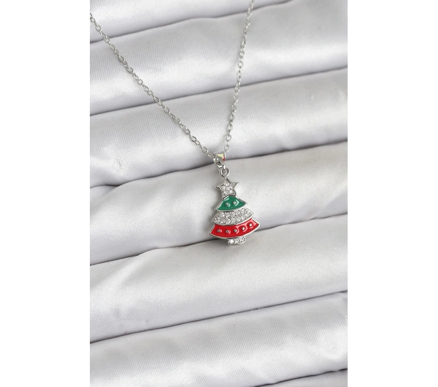 316L Çelik Zincir Gümüş Ren Çam Ağacı Model Zirkon Taşlı Yılbaşı Temalı Kadın Kolye