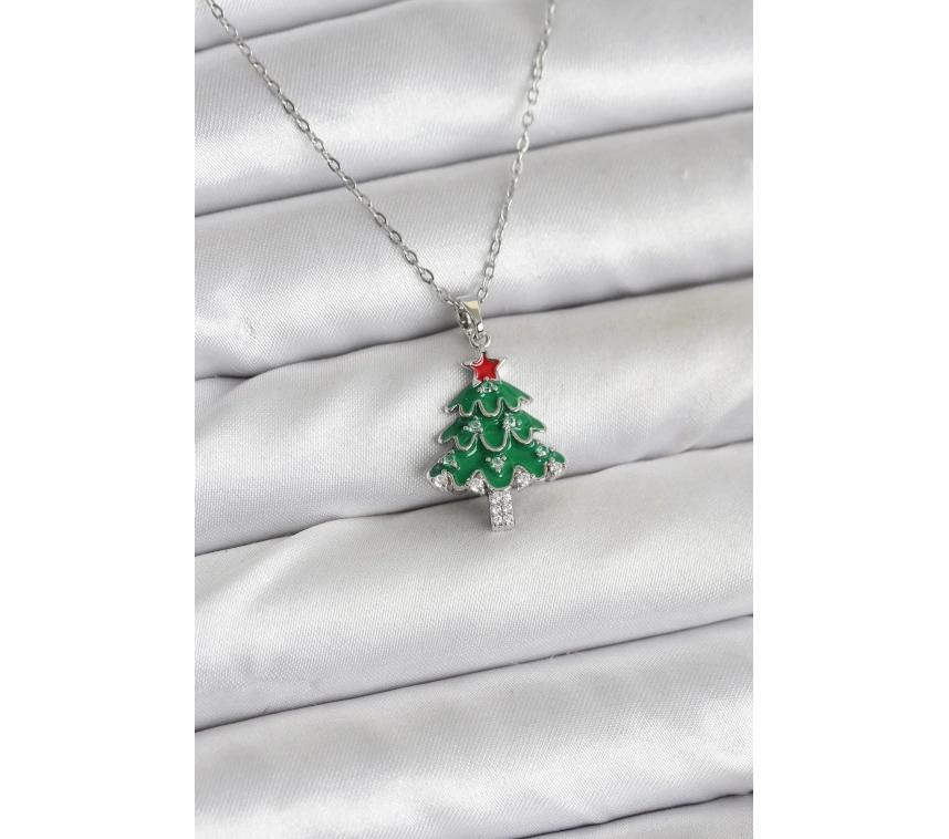 316L Çelik Zincir Gümüş Renk Çam Ağacı Model Yılbaşı Temalı Kadın Kolye