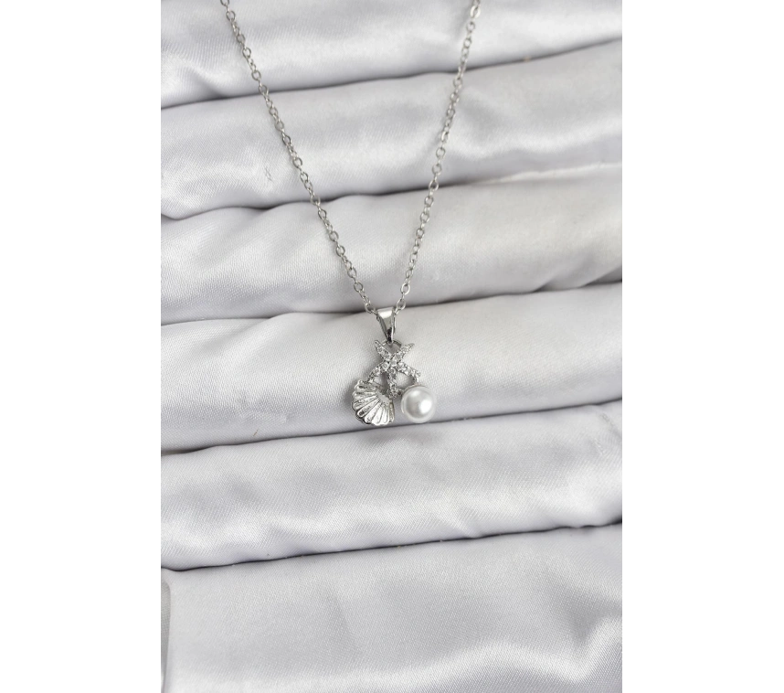 316L Çelik Zincir Gümüş Renk Deniz Kabuğu ve Deniz Yıldızı Model Zirkon Taşlı Kadın Kolye