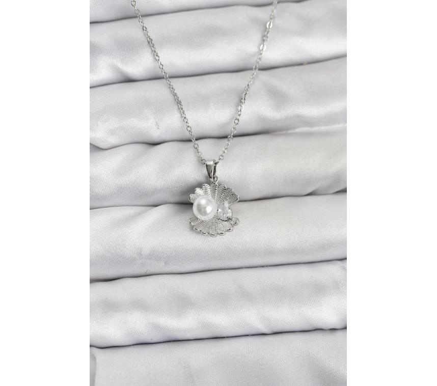 316L Çelik Zincir Gümüş Renk İstiridye İnci Model Zirkon Taşlı Kadın Kolye