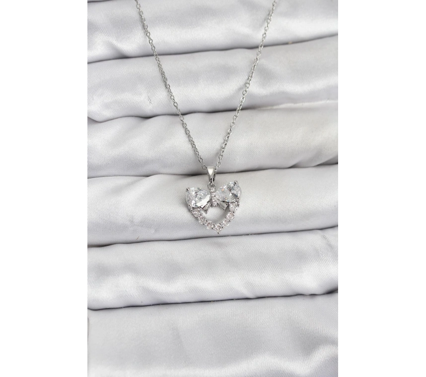 316L Çelik Zincir Gümüş Renk Kalp ve Fiyonk Model Zirkon Taşlı Kadın Kolye