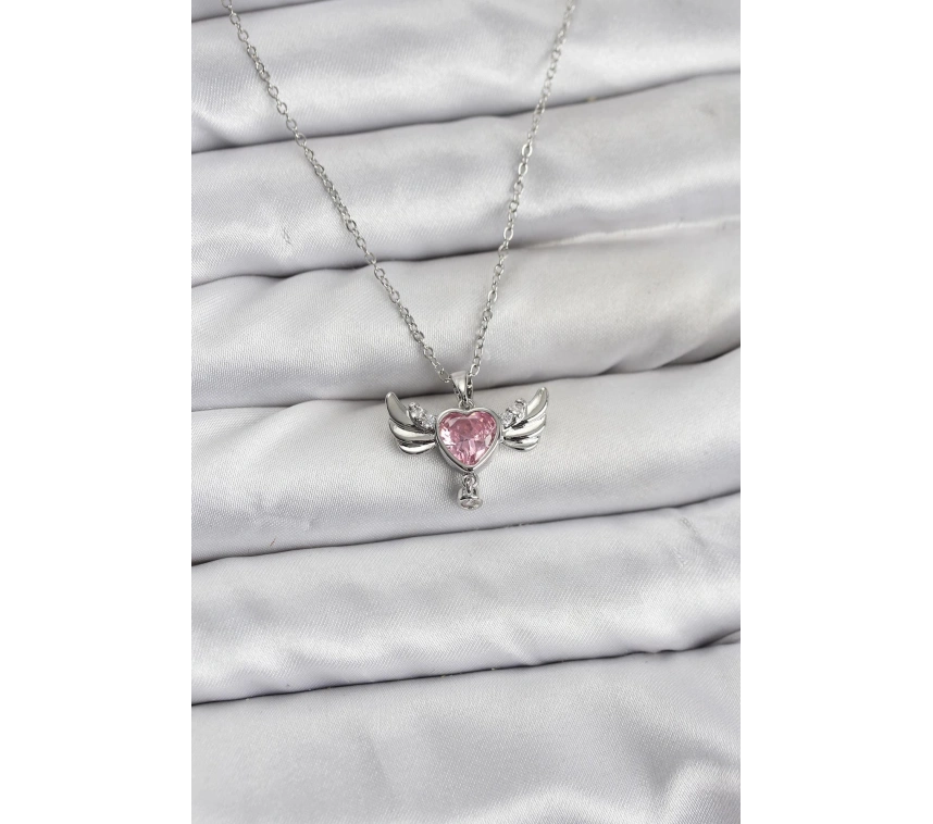 316L Çelik Zincir Gümüş Renk Kanatlı Kalp Model Zirkon Taşlı Kadın Kolye