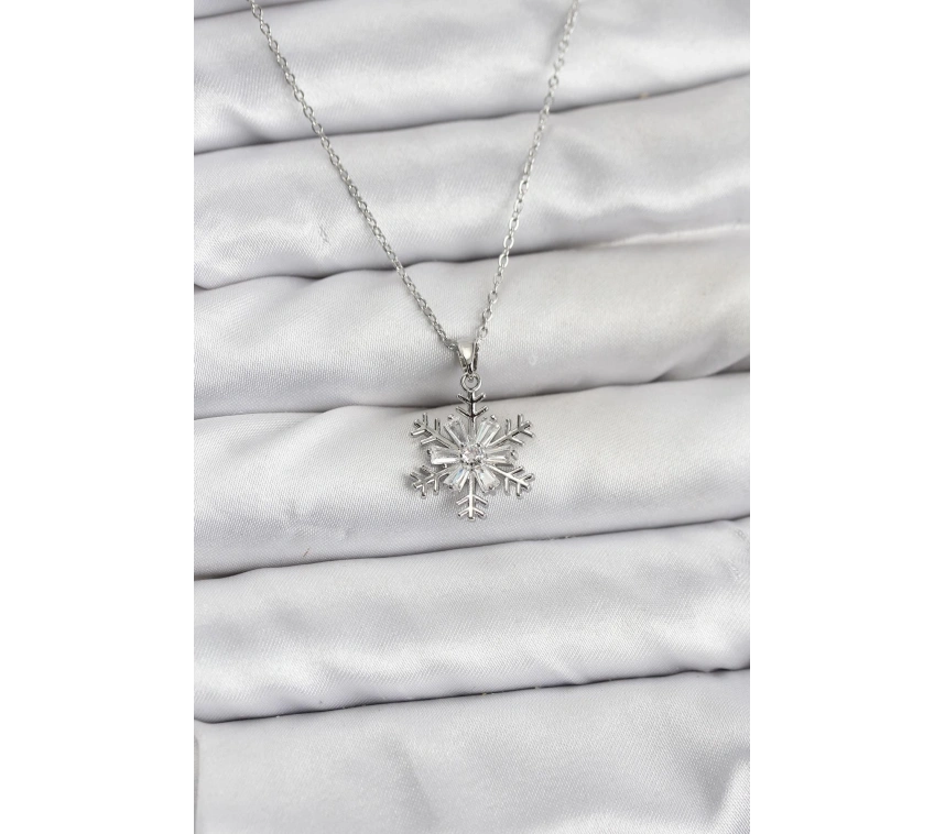 316L Çelik Zincir Gümüş Renk Kar Tanesi Model Zirkon Taşlı Kadın Kolye