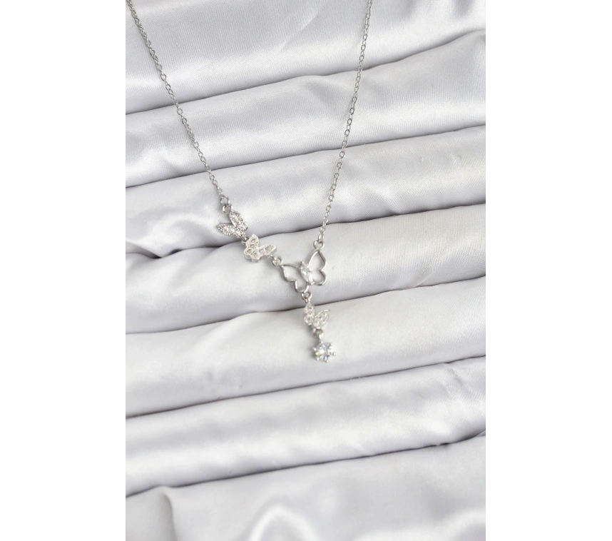 316L Çelik Zincir Gümüş Renk Kelebek Model Kadın Kolye