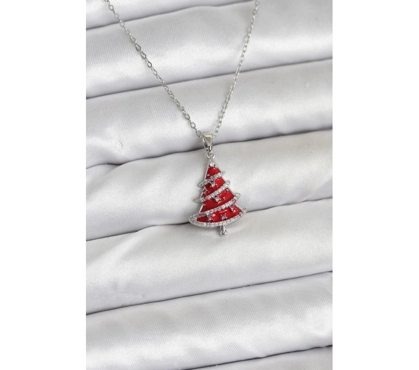 316L Çelik Zincir Gümüş Renk Kırmızı Çam Ağacı Model Yılbaşı Temalı Kadın Kolye