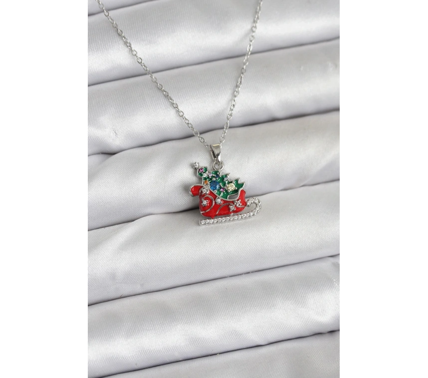 316L Çelik Zincir Gümüş Renk Kızak ve Çam Ağacı Figürlü Yılbaşı Temalı Kadın Kolye