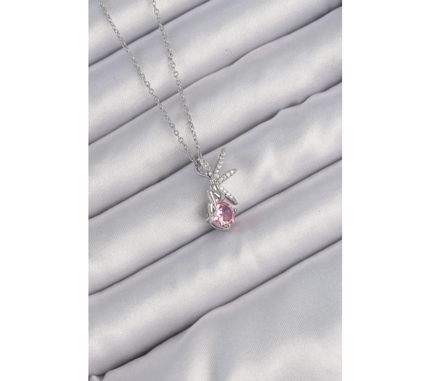 316L Çelik Zincir Gümüş Renk Pembe Zirkon Taşlı Peri Kolye
