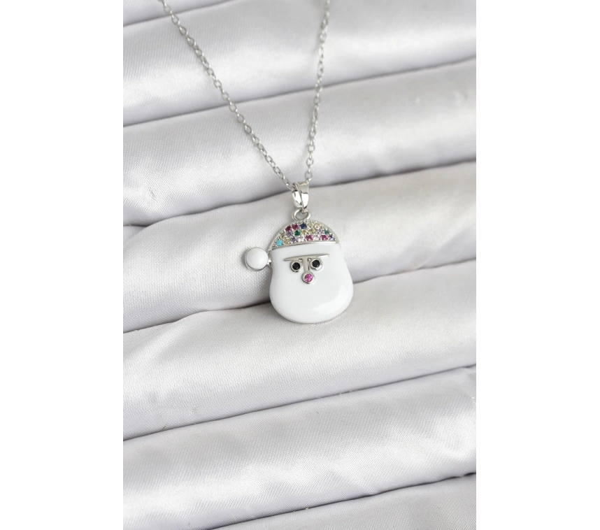 316L Çelik Zincir Gümüş Renk Şapkalı Kardan Adam Kafası Model Yılbaşı Temalı Kadın Kolye