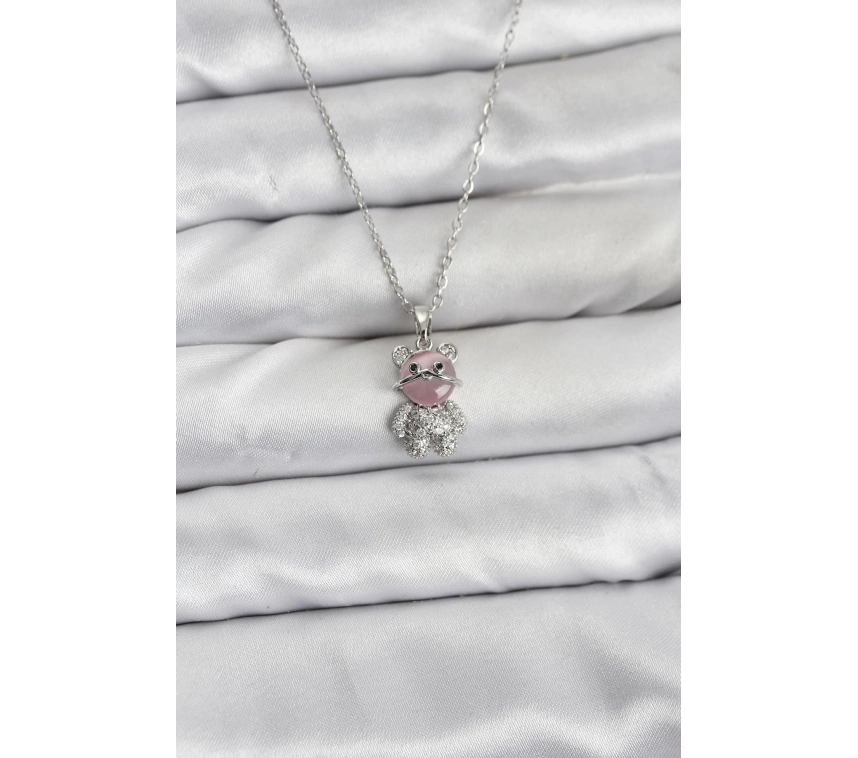316L Çelik Zincir Gümüş Renk Teddy Bear Model Zirkon Taşlı Kadın Kolye