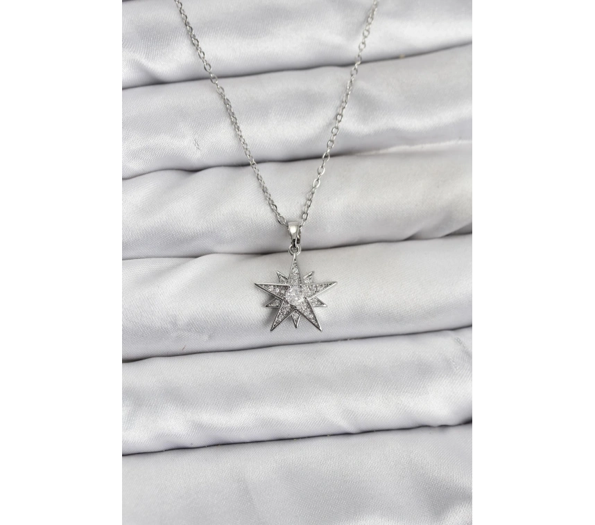 316L Çelik Zincir Gümüş Renk Yıldız Model Zirkon Taşlı Kadın Kolye