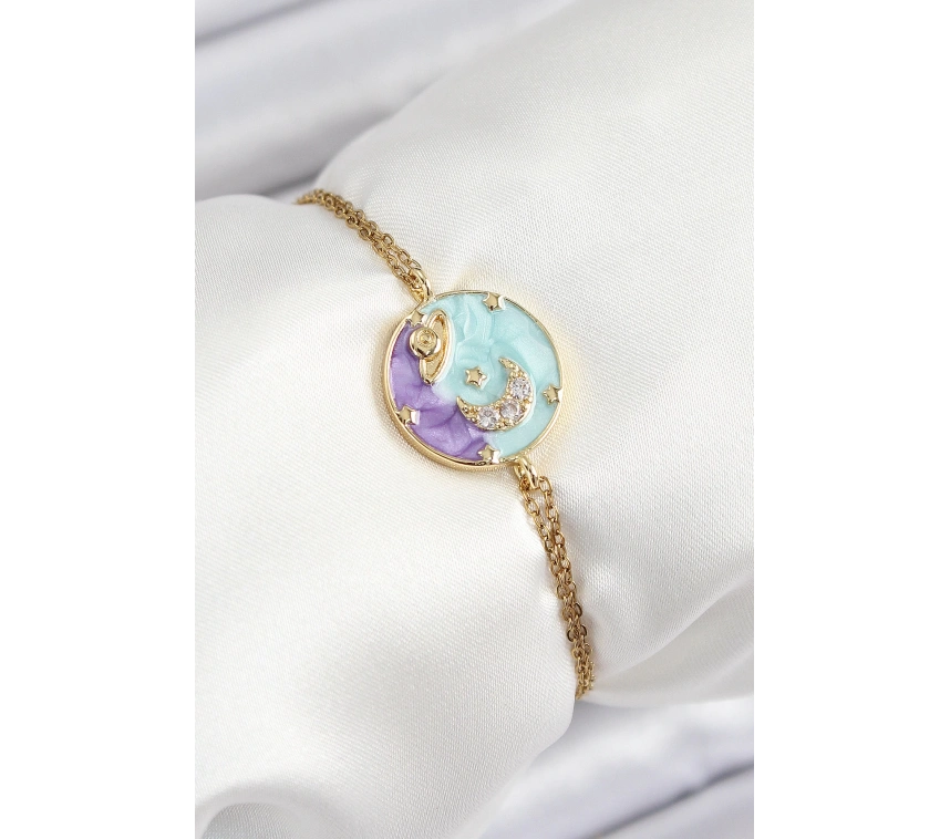 316L Çelik Zincir Mineli Sanatsal Portre Zirkon Taşlı Gezegen Model Gold Renk Kadın Bileklik