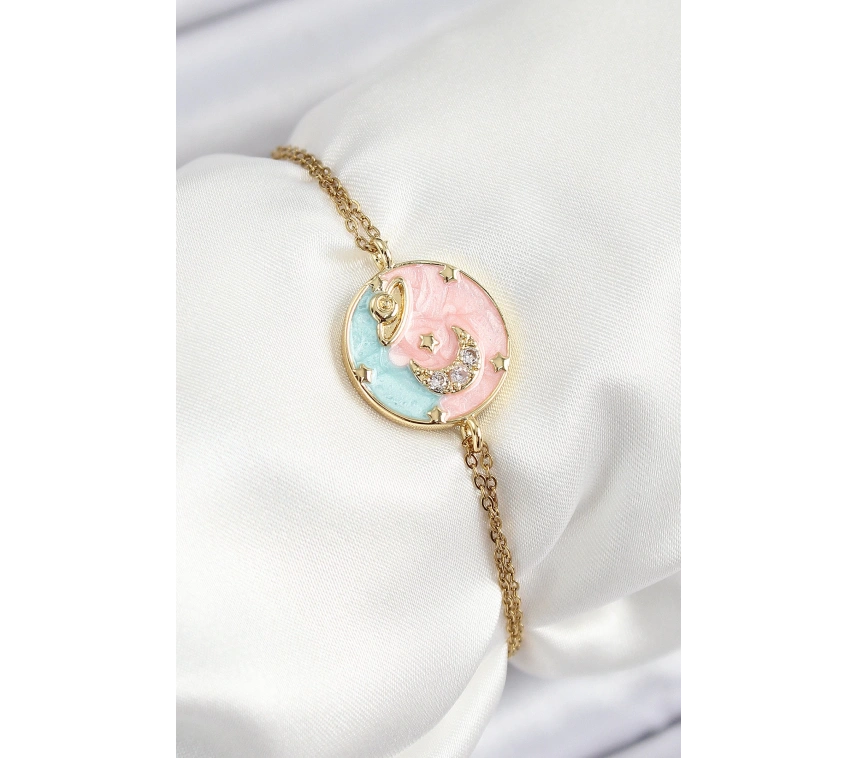 316L Çelik Zincir Mineli Sanatsal Portre Zirkon Taşlı Gezegen Model Gold Renk Kadın Bileklik